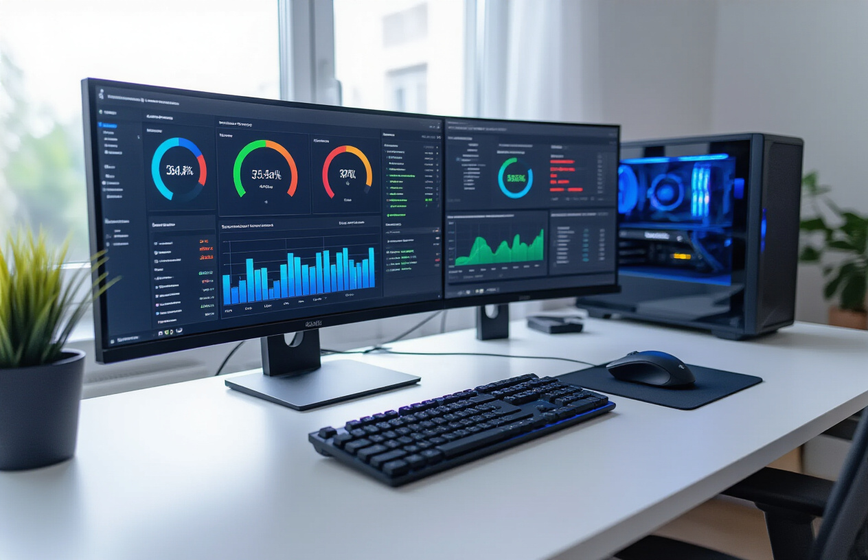 Create a realistic image of a modern computer workstation showing website performance optimization in action, with a sleek monitor displaying colorful performance graphs, speed metrics, and loading time charts, a wireless mouse and keyboard on a clean white desk, subtle blue LED lighting from the computer tower, multiple browser windows showing website headers being optimized, performance monitoring tools with green and red indicators on the screen, a minimalist office environment with soft natural lighting from a window, and tech gadgets scattered around the workspace, absolutely NO text should be in the scene.