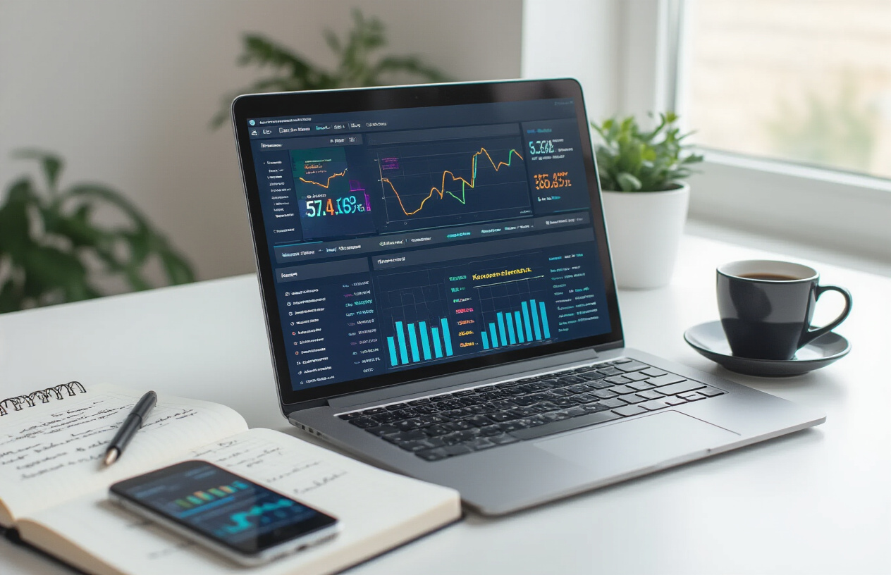 Create a realistic image of a modern computer workstation featuring a sleek laptop displaying colorful SEO analytics dashboard with keyword ranking charts and graphs on the screen, surrounded by a notebook with handwritten keyword research notes, a smartphone showing mobile analytics, and a coffee cup on a clean white desk, with soft natural lighting from a window creating a productive and professional atmosphere, absolutely NO text should be in the scene.