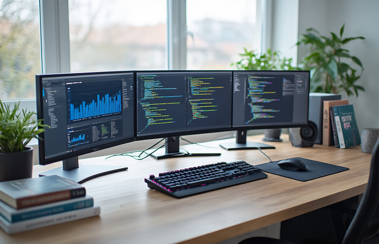 Create a realistic image of a modern computer workstation with multiple monitors displaying website analytics dashboards, code editors with HTML/CSS markup, and SEO audit tools, featuring a clean organized desk with a mechanical keyboard, wireless mouse, and technical reference books, set in a well-lit contemporary office environment with natural lighting from a window, showing various technical elements like server icons, website wireframes, and performance metrics graphs on the screens, with a professional and focused atmosphere, absolutely NO text should be in the scene.