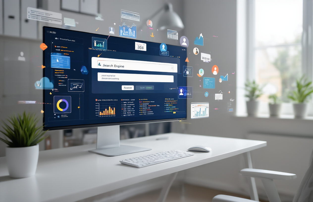 Create a realistic image of a modern computer workstation showing a desktop monitor displaying a simplified search engine interface with a search bar and colorful result listings, surrounded by floating digital icons representing website traffic including upward trending arrows, visitor symbols, and data analytics charts, with a clean white desk surface, soft natural lighting from a window, and a minimalist office environment in the background, absolutely NO text should be in the scene.
