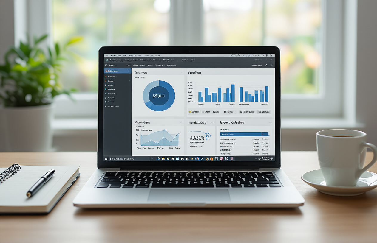 Create a realistic image of a modern computer workspace showing a laptop screen displaying a professional SEO writing tool interface with various feature panels, analytics charts, and keyword optimization tools visible on the monitor, surrounded by a clean desk setup with a notebook, pen, and coffee cup in a bright, well-lit home office environment with natural lighting from a window, absolutely NO text should be in the scene.