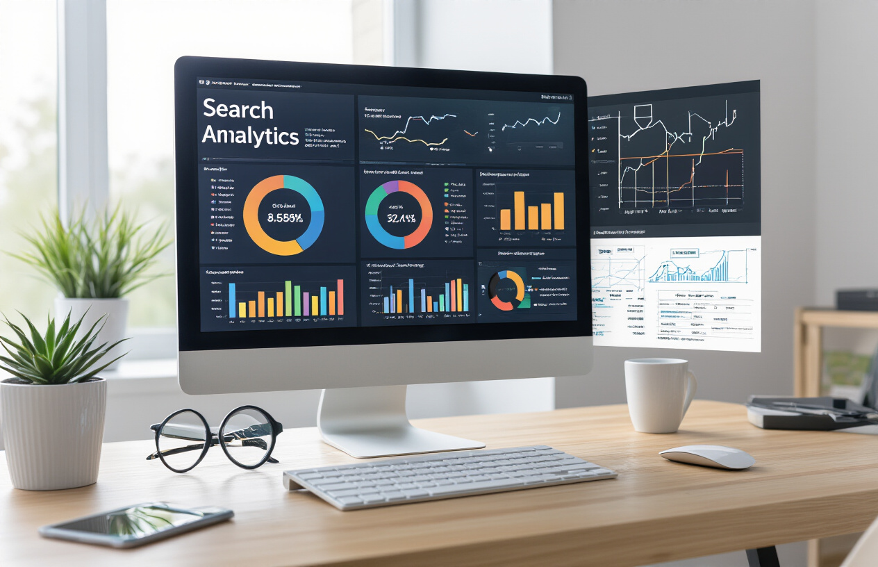 Create a realistic image of a modern computer workstation displaying a website analytics dashboard with colorful graphs and data visualization charts on the monitor screen, showing search engine indexing metrics and web crawling data, surrounded by a clean office environment with soft natural lighting from a window, featuring a sleek keyboard and mouse on a wooden desk, with subtle digital marketing elements like magnifying glass and website wireframe sketches nearby, maintaining a professional and tech-focused atmosphere. Absolutely NO text should be in the scene.