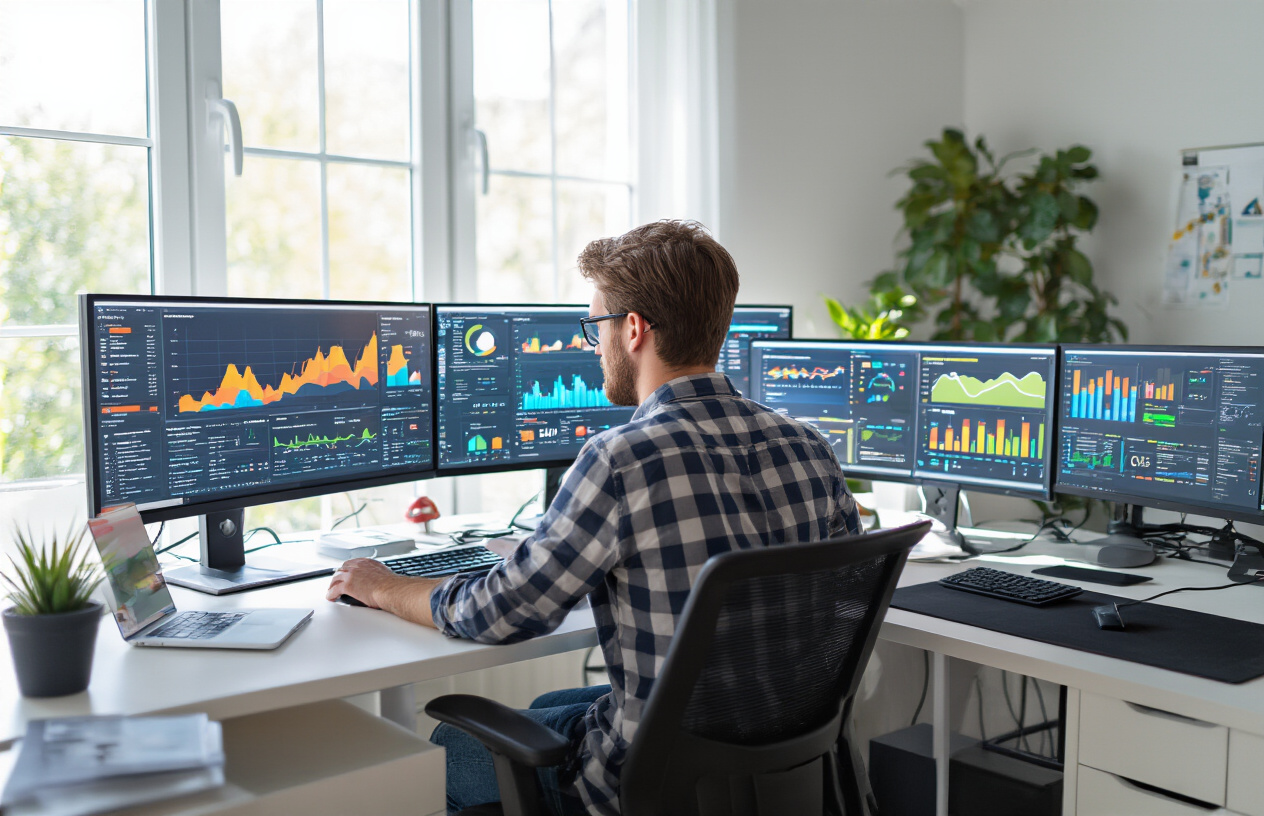 Create a realistic image of a modern computer workstation with multiple monitors displaying colorful website analytics dashboards, graphs, and monitoring tools, a white male developer in his 30s sitting at the desk analyzing data trends, clean office environment with soft natural lighting from a window, focused and proactive work atmosphere, various charts showing upward trends and green status indicators on screens, professional tech workspace with organized cables and modern equipment, Absolutely NO text should be in the scene.