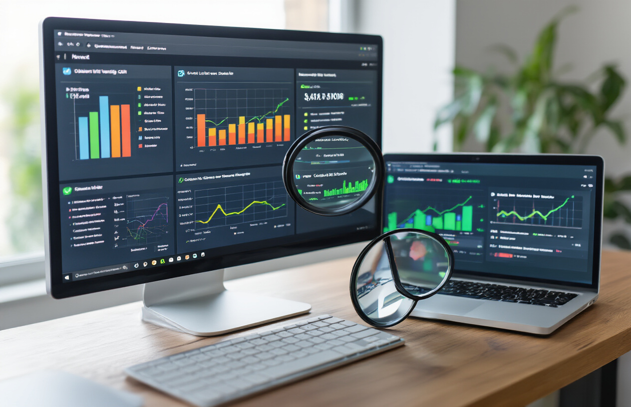 Create a realistic image of a modern computer workstation displaying multiple browser windows with website analytics dashboards, colorful graphs showing crawl statistics and website health metrics, a magnifying glass positioned over a computer screen highlighting crawl data, various charts with green checkmarks and red warning indicators, a clean organized desk setup with a laptop and external monitor, soft natural lighting from a window, professional office environment with a focused analytical atmosphere, absolutely NO text should be in the scene.
