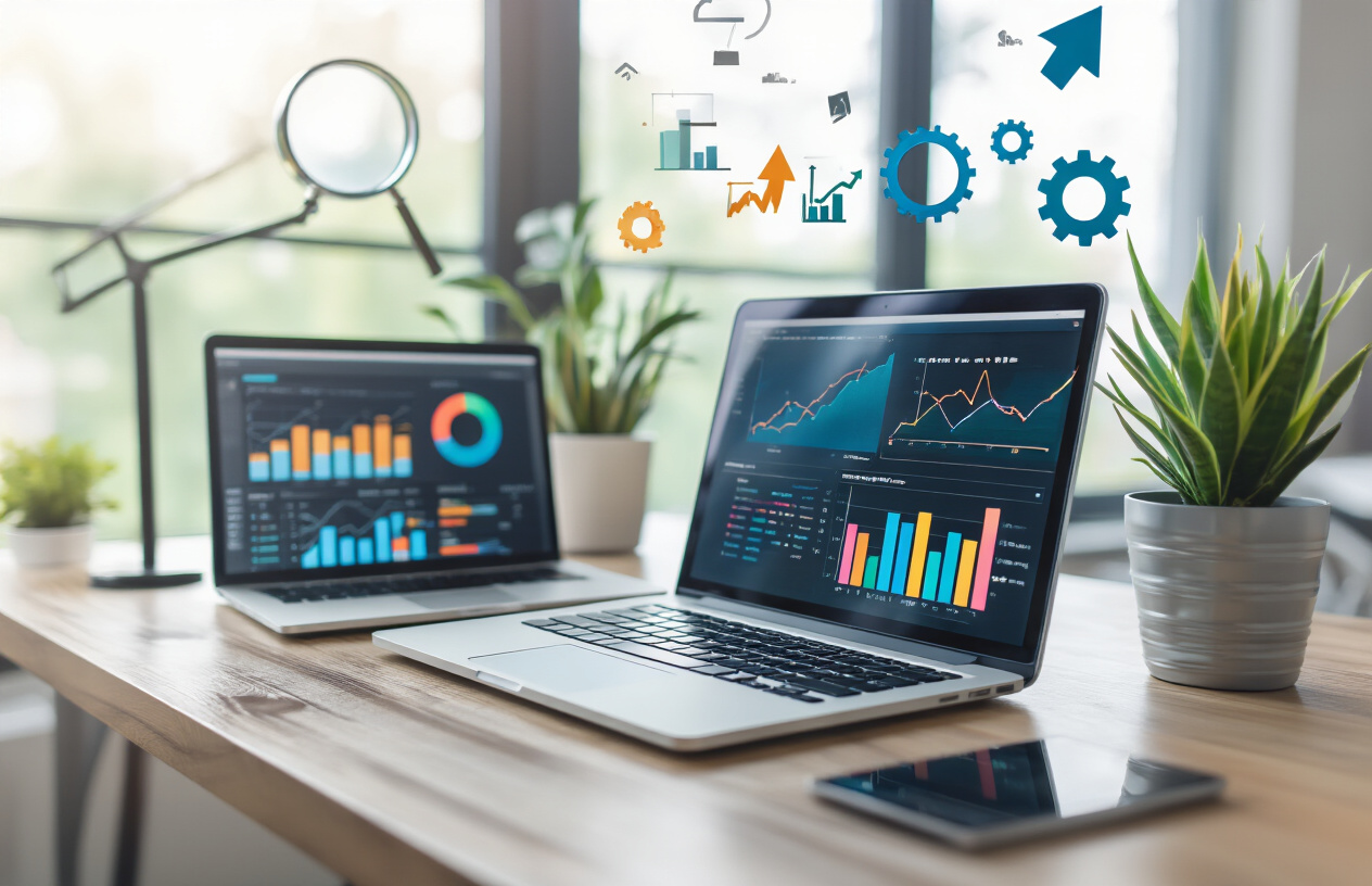 Create a realistic image of a modern computer workstation showing website optimization in action, featuring a clean desk with an open laptop displaying colorful website analytics graphs and performance metrics on the screen, surrounded by subtle SEO-related visual elements like magnifying glass, upward trending arrow icons, and gear symbols floating softly in the background, set in a bright professional office environment with natural lighting from a nearby window, creating a productive and tech-savvy atmosphere that conveys website improvement and digital optimization, absolutely NO text should be in the scene.