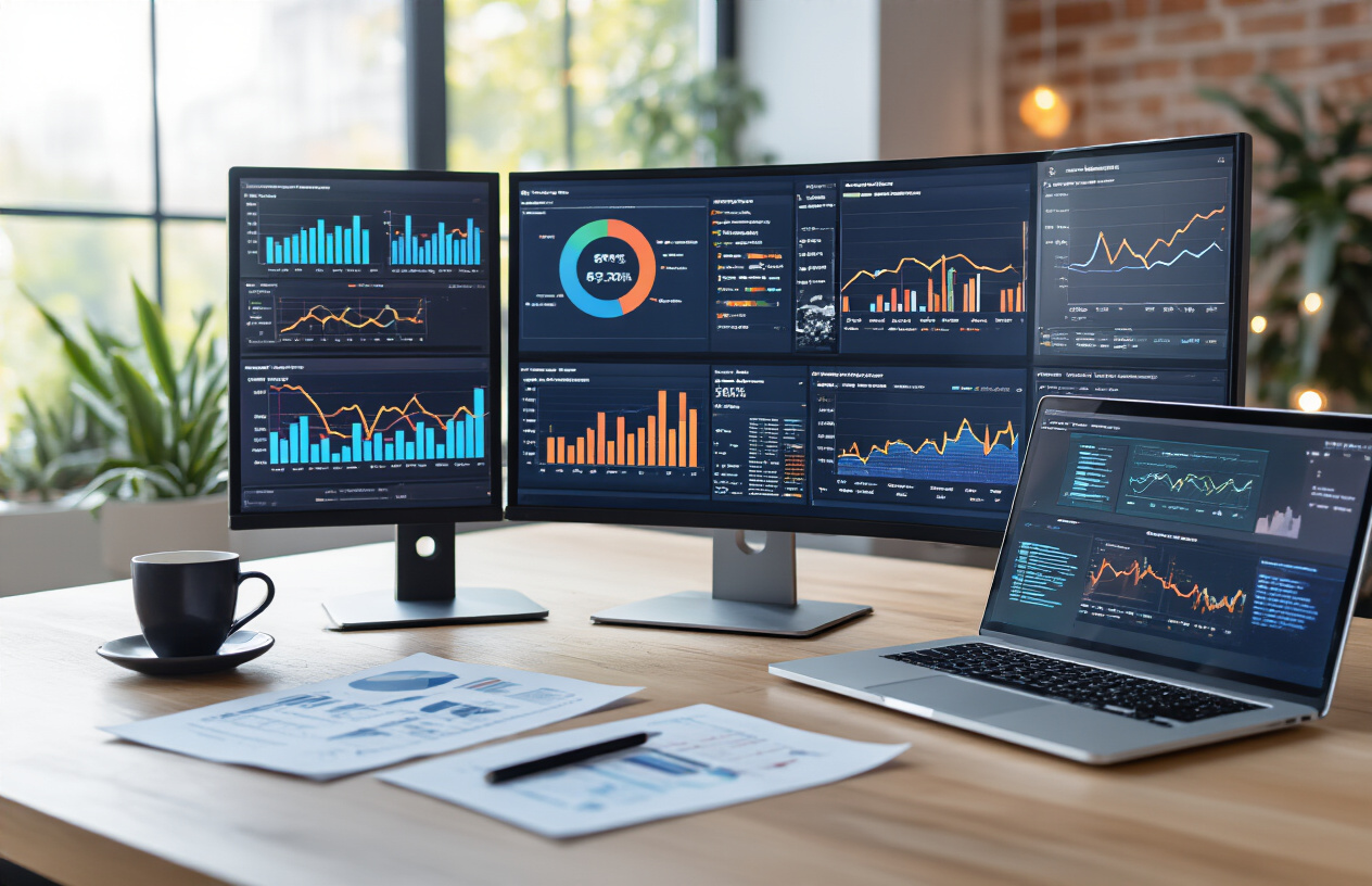 Create a realistic image of a modern computer workstation with multiple monitors displaying colorful analytics dashboards, graphs showing crawl frequency optimization metrics, server performance charts with upward trending lines, a sleek laptop showing website architecture diagrams, scattered technical documents about SEO optimization, a coffee cup on a clean desk, soft natural lighting from a window, professional office environment with a minimalist aesthetic, warm ambient lighting creating a productive atmosphere, absolutely NO text should be in the scene.