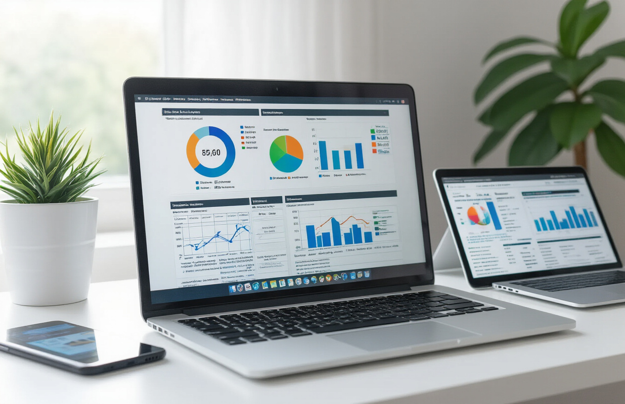Create a realistic image of a modern computer workstation showing a laptop screen displaying website analysis dashboard interfaces with colorful graphs, charts, and technical data visualizations, surrounded by essential SEO tools including a smartphone showing mobile website testing, a tablet with crawl error reports, and various digital marketing tools scattered on a clean white desk, with soft natural lighting from a nearby window creating a professional workspace atmosphere, absolutely NO text should be in the scene.
