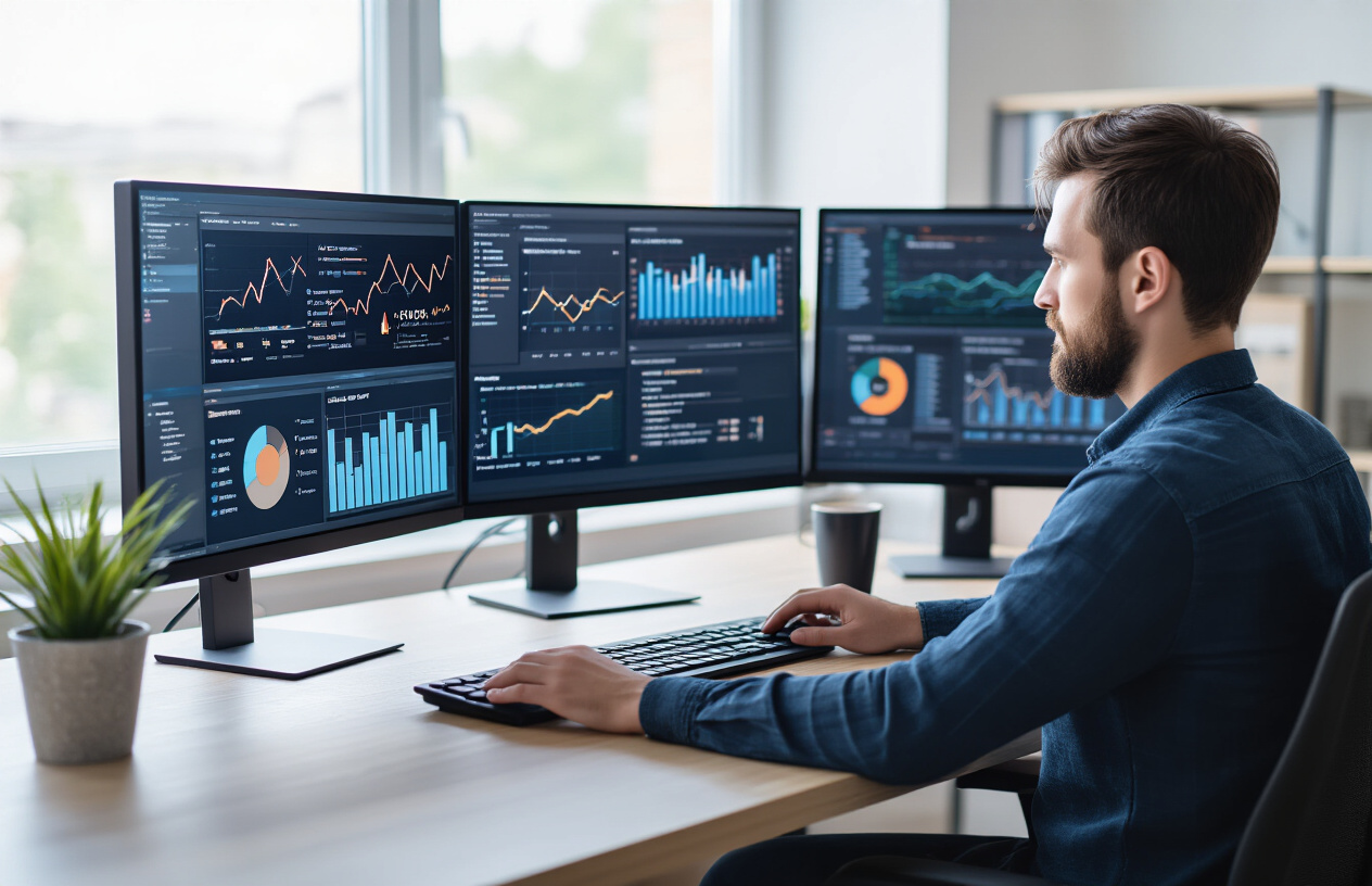 Create a realistic image of a modern computer workstation with multiple monitors displaying website analytics dashboards, SEO performance charts, and code editor windows, with a white male developer in his 30s sitting at the desk reviewing data trends, surrounded by a clean office environment with natural lighting from a window, showing graphs with upward trending lines, monitoring tools interface, and a peaceful focused atmosphere suggesting ongoing optimization work, absolutely NO text should be in the scene.