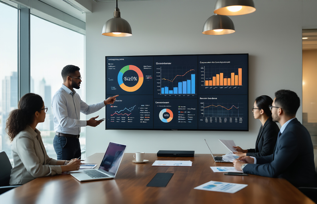 Create a realistic image of a modern conference room with a large wall-mounted display showing colorful SEO analytics dashboards with graphs, charts, and data visualizations, a polished wooden conference table with laptops, tablets, and printed reports scattered across it, professional business people of diverse backgrounds including a white male presenter standing near the screen pointing at data trends, a black female executive taking notes, and an Asian male reviewing documents, warm ambient lighting from overhead fixtures creating a focused atmosphere, large windows in the background showing a city skyline, the scene conveying a serious business meeting about website performance analysis, absolutely NO text should be in the scene.