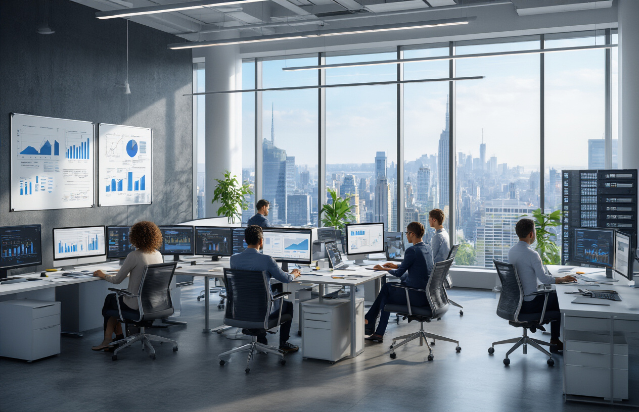 Create a realistic image of a modern corporate office environment showing business growth and expansion with multiple workstations, computer monitors displaying graphs and analytics dashboards, office workers of diverse backgrounds collaborating at desks, tall glass windows overlooking a city skyline, professional lighting creating a bright and ambitious atmosphere, organizational charts and workflow diagrams on whiteboards, servers and technology equipment in the background suggesting digital infrastructure scaling, clean modern furniture and open floor plan design conveying successful business operations, absolutely NO text should be in the scene.