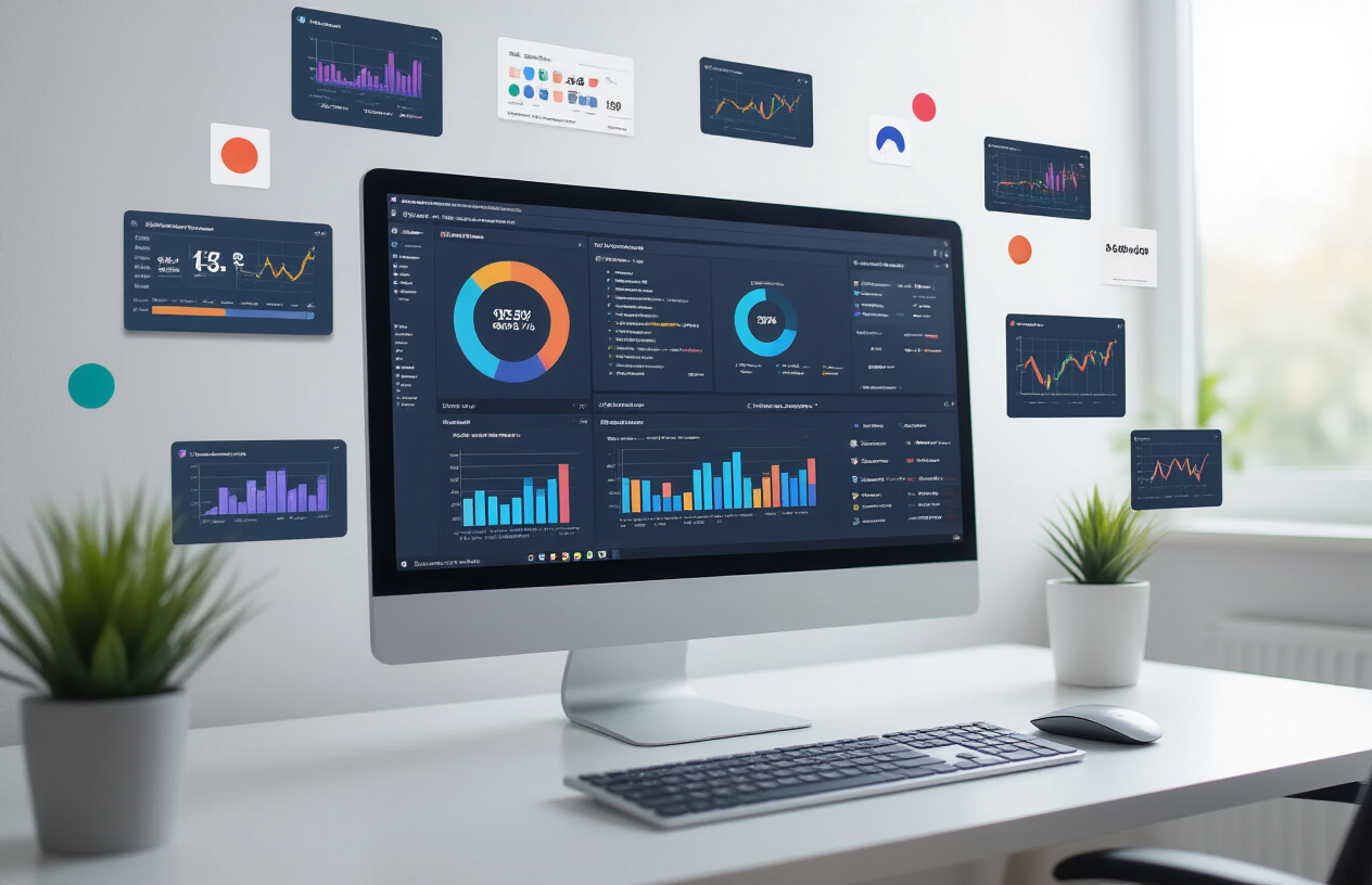 Create a realistic image of a modern desktop computer setup showing multiple browser tabs open with various keyword research platforms and SEO tools displayed on the screen, surrounded by digital marketing elements like colorful analytics charts, search volume graphs, and keyword ranking tables floating around the monitor, set against a clean white office background with soft natural lighting from a window, featuring a sleek wireless keyboard and mouse on a minimalist desk surface. Absolutely NO text should be in the scene.