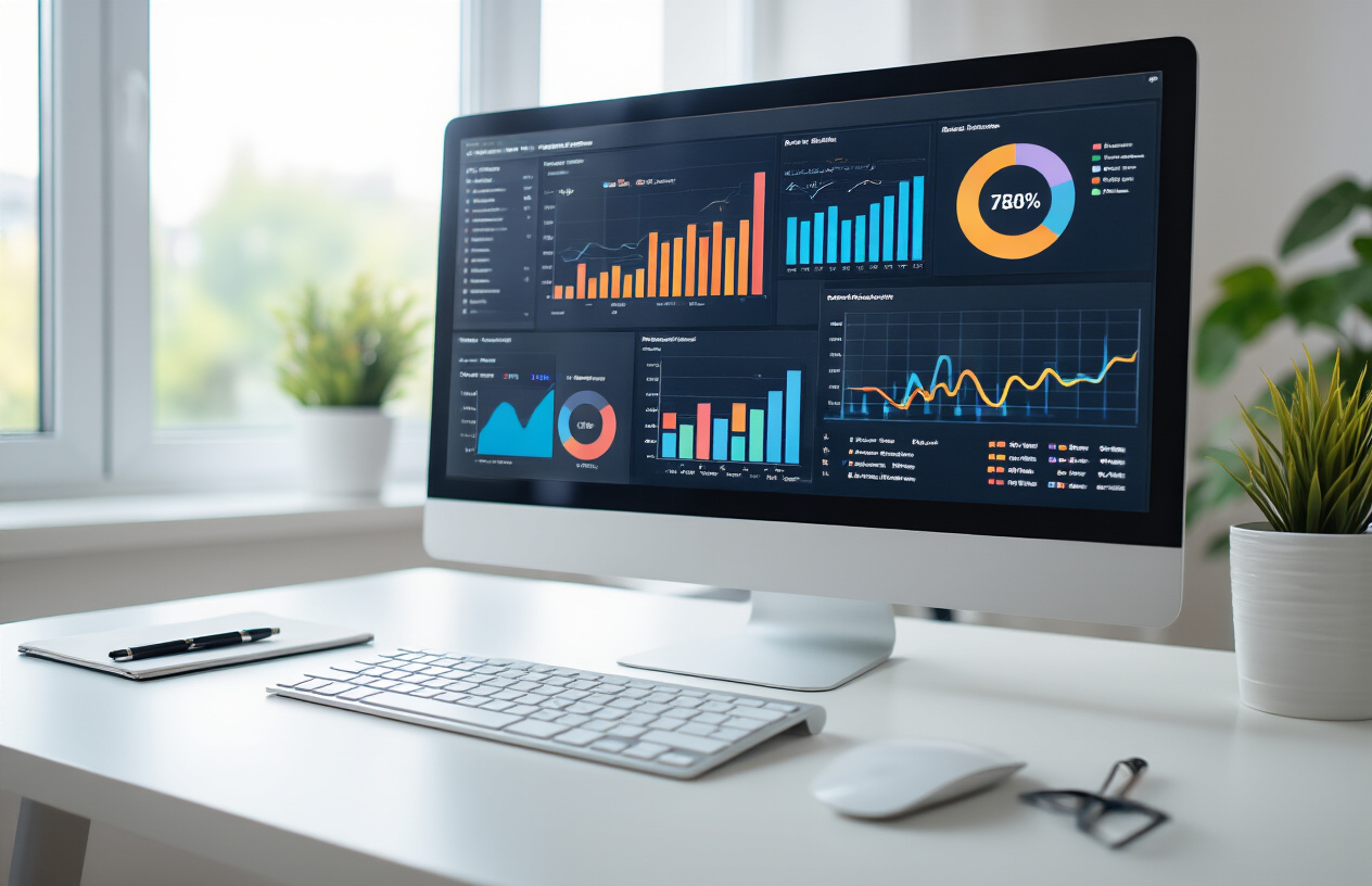 Create a realistic image of a modern desktop computer screen displaying colorful analytics dashboards with bar charts, line graphs, and pie charts showing keyword performance data, surrounded by a clean white desk with a wireless keyboard, computer mouse, and a notepad with a pen, in a bright office environment with natural lighting from a window, professional atmosphere focused on digital marketing analysis, absolutely NO text should be in the scene.
