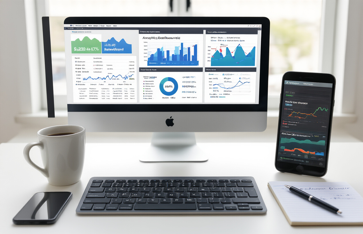 Create a realistic image of a modern desktop computer setup with multiple browser tabs open showing analytics dashboards and SEO tracking tools, colorful graphs and charts displaying website performance metrics on the screen, a smartphone next to the keyboard showing a local business app interface, a notepad with handwritten notes about SEO strategies, a coffee mug and pen on a clean white desk, soft natural lighting from a nearby window creating a professional workspace atmosphere, absolutely NO text should be in the scene.
