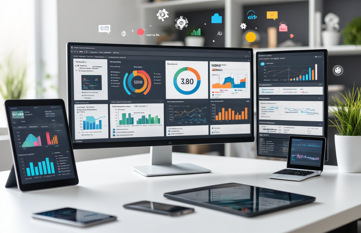 Create a realistic image of a modern desktop computer setup showing multiple browser windows displaying SEO analytics dashboards and website monitoring tools, with colorful graphs, charts, and data visualizations on the screens, surrounded by additional monitoring devices like a tablet and smartphone also displaying analytics interfaces, set on a clean white desk in a bright office environment with soft natural lighting, featuring various SEO monitoring icons and symbols floating subtly around the workspace, absolutely NO text should be in the scene.