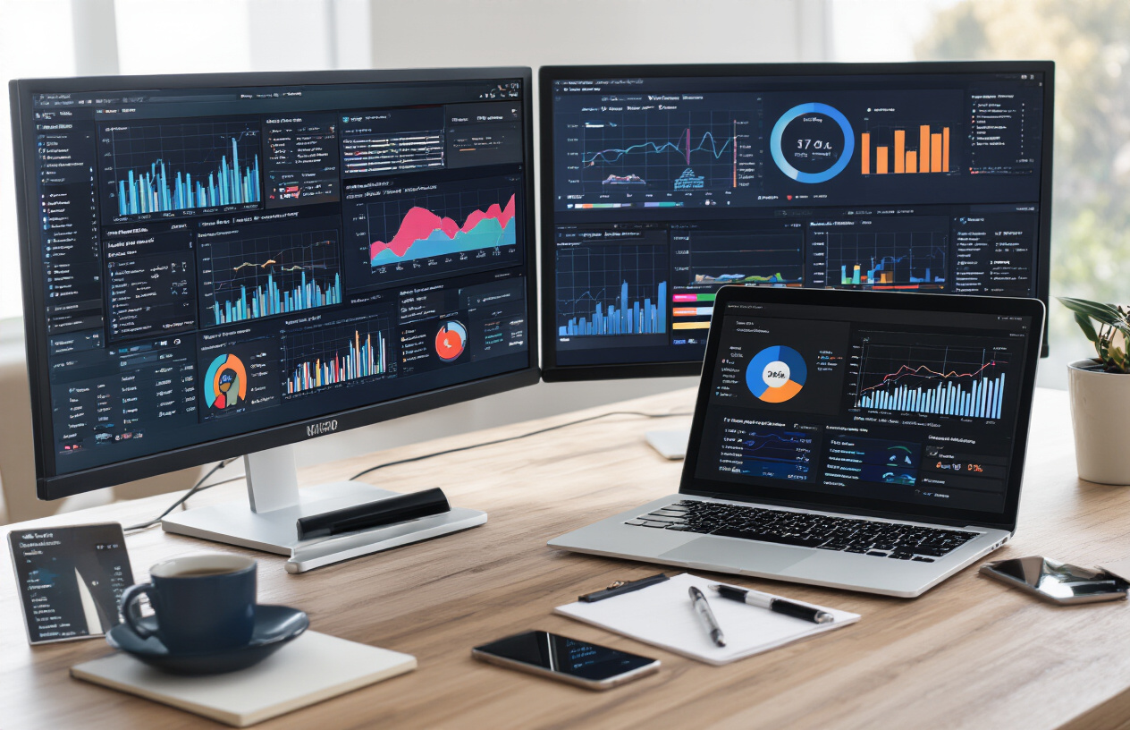 Create a realistic image of a modern desktop workspace featuring multiple computer monitors displaying colorful analytics dashboards with graphs, charts, and performance metrics, a sleek laptop computer, smartphone, and various SEO tracking tools interfaces visible on screens, surrounded by a clean office environment with natural lighting from a window, professional atmosphere with organized desk setup including a notepad, pen, and coffee cup, absolutely NO text should be in the scene.