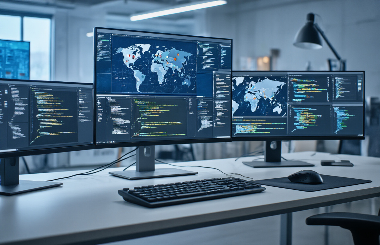 Create a realistic image of a modern developer workspace showing multiple computer monitors displaying code interfaces, global maps with different colored markers representing various countries, technical diagrams showing website architecture with international domains (.com, .de, .fr, .jp), and programming code snippets on screens, with a sleek keyboard and mouse on a clean desk, professional office lighting, and a subtle tech atmosphere with blue and white color tones, absolutely NO text should be in the scene.