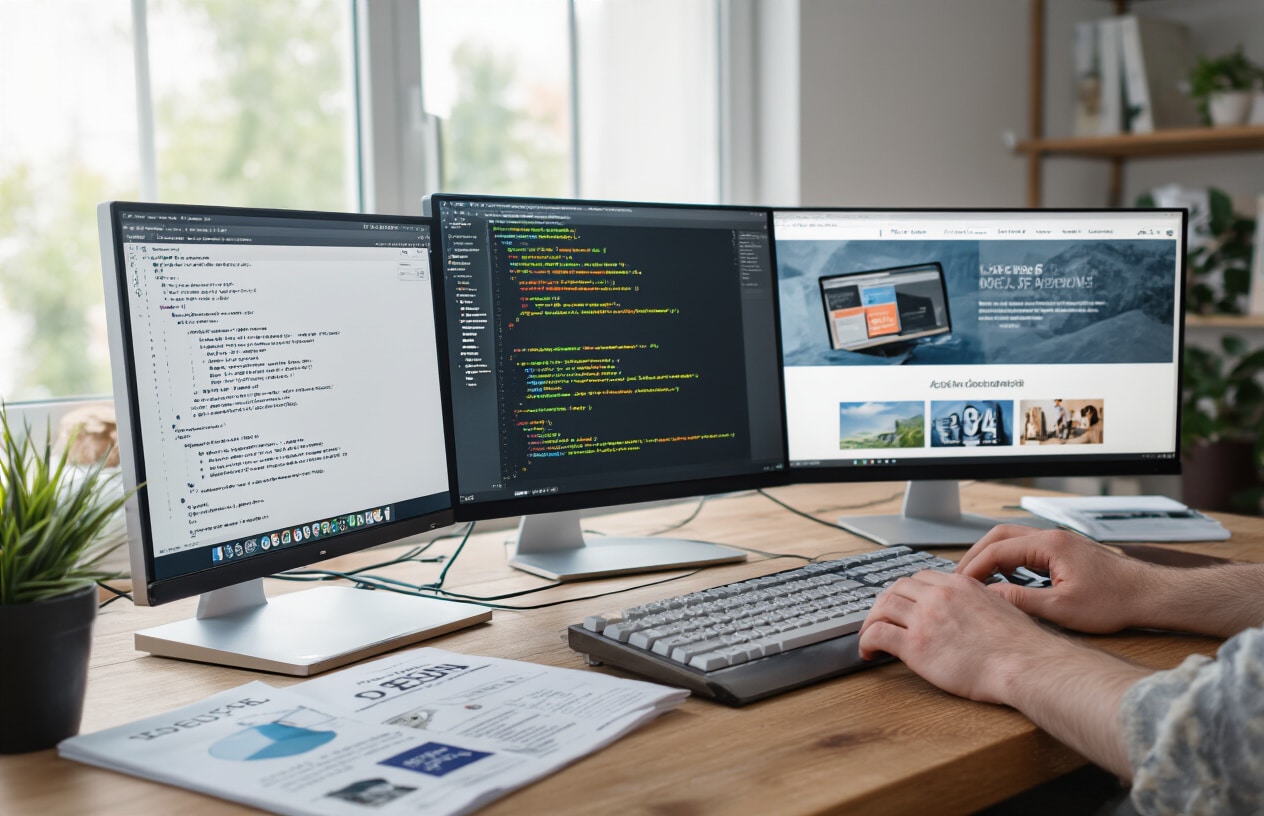 Create a realistic image of a modern developer workspace showing a computer monitor displaying code on the screen with HTML pagination elements visible, a white male developer's hands typing on a mechanical keyboard, multiple browser windows open showing website pages with numbered page navigation at the bottom, technical documentation and SEO guides scattered on a clean wooden desk, soft natural lighting from a window, professional office environment with minimalist design, absolutely NO text should be in the scene.