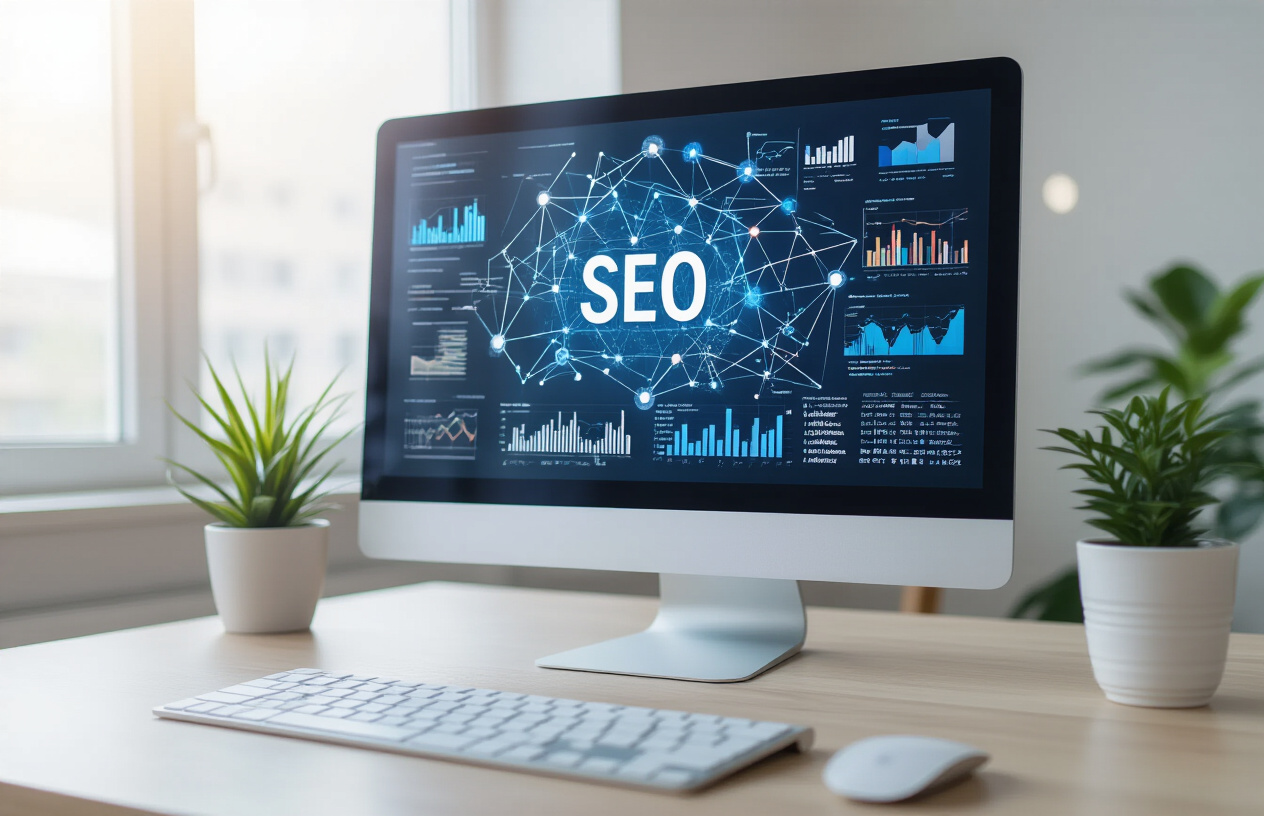 Create a realistic image of a modern digital marketing workspace featuring a sleek computer monitor displaying interconnected network nodes and keyword clusters visualized as a web of glowing connections, with SEO analytics charts and global market data graphs visible on the screen, surrounded by a clean minimalist desk setup with a wireless keyboard, mouse, and small potted plant, set against a contemporary office background with soft natural lighting from a window, conveying a sense of strategic digital optimization and global connectivity, absolutely NO text should be in the scene.