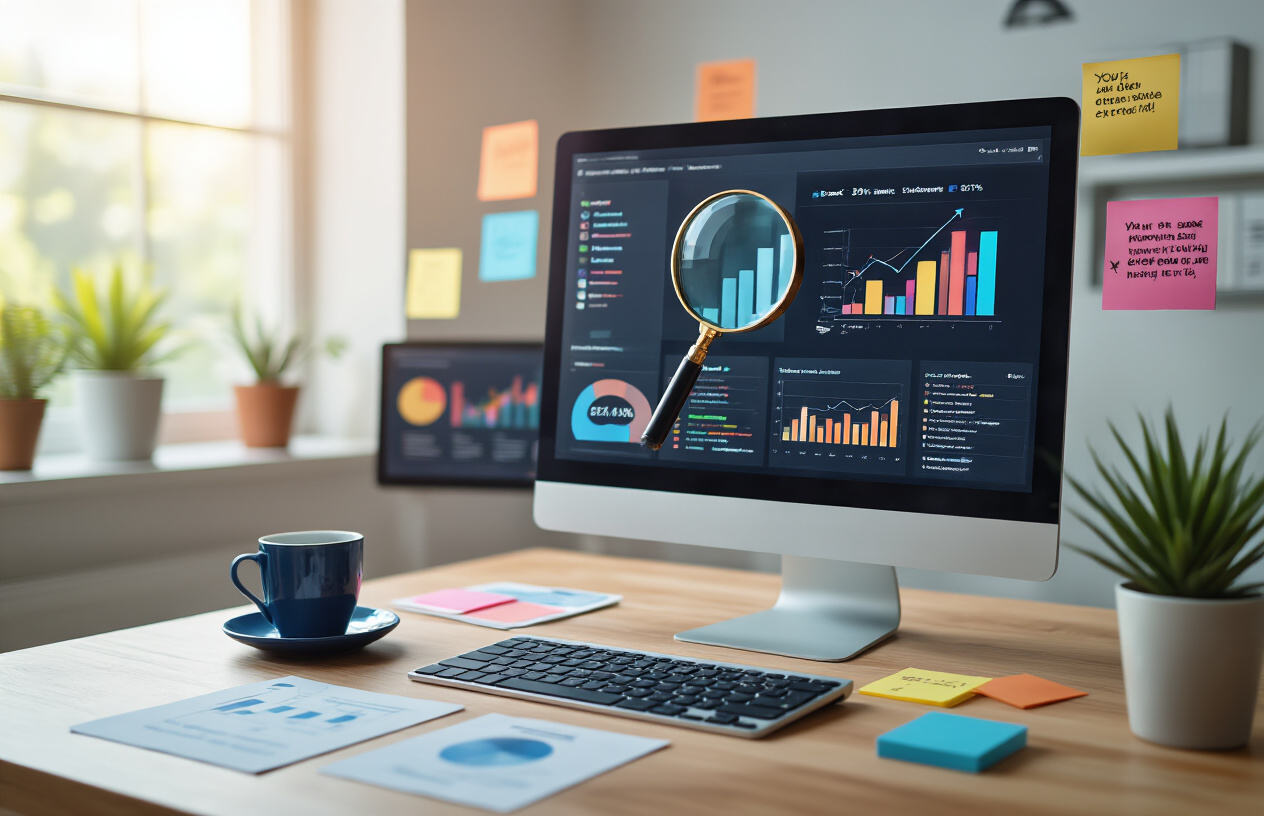 Create a realistic image of a modern digital marketing workspace showing a computer screen displaying colorful search result analytics with click-through rate metrics, surrounded by strategic planning elements like sticky notes with search intent categories, a magnifying glass highlighting user behavior patterns, and marketing charts showing upward trending arrows, set in a clean professional office environment with soft natural lighting from a window, warm and focused mood suggesting productivity and success. Absolutely NO text should be in the scene.