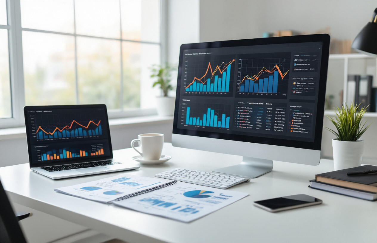 Create a realistic image of a modern digital marketing workspace with a computer screen displaying colorful analytics charts showing upward trending click-through rate graphs and performance metrics, surrounded by marketing strategy documents and notebooks on a clean white desk, with a sleek laptop, smartphone, and coffee cup visible, in a bright professional office setting with natural lighting from a window, creating an atmosphere of successful SEO optimization and data-driven marketing success. Absolutely NO text should be in the scene.