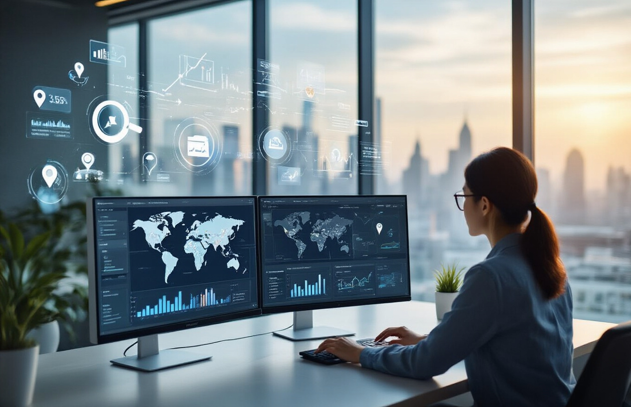 Create a realistic image of a modern digital marketing workspace featuring a split-screen computer monitor displaying global and local search analytics dashboards with world map visualizations on one side and local city maps with location pins on the other, a professional Asian female marketer analyzing data at a sleek desk, surrounded by floating holographic elements showing magnifying glasses, search icons, and location markers, set in a bright contemporary office with large windows showing an urban skyline, warm natural lighting creating a focused analytical atmosphere, with charts and graphs subtly reflected on the glass surfaces, absolutely NO text should be in the scene.