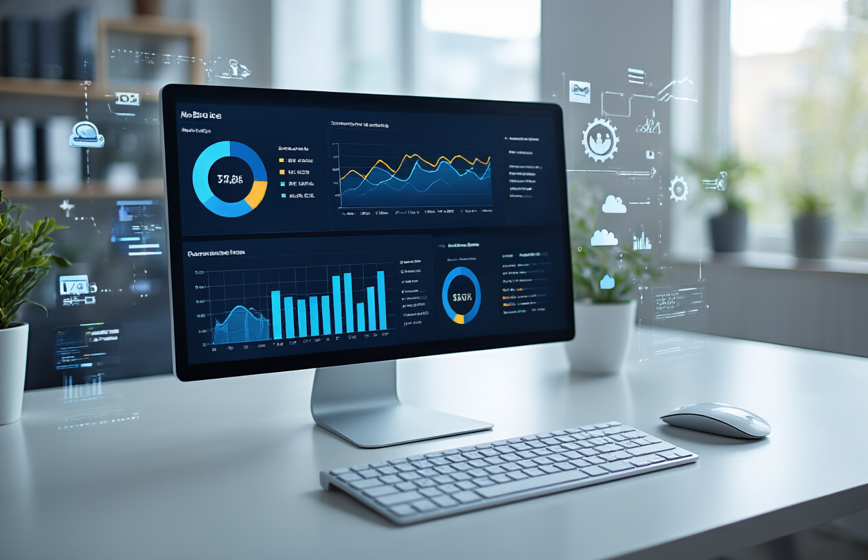 Create a realistic image of a modern digital workspace showing a computer monitor displaying website analytics graphs and performance metrics, with a sleek keyboard and mouse on a clean desk, surrounded by subtle tech elements like server icons and web crawling visualization graphics floating in the background, set in a bright office environment with natural lighting, conveying success and optimization, absolutely NO text should be in the scene.