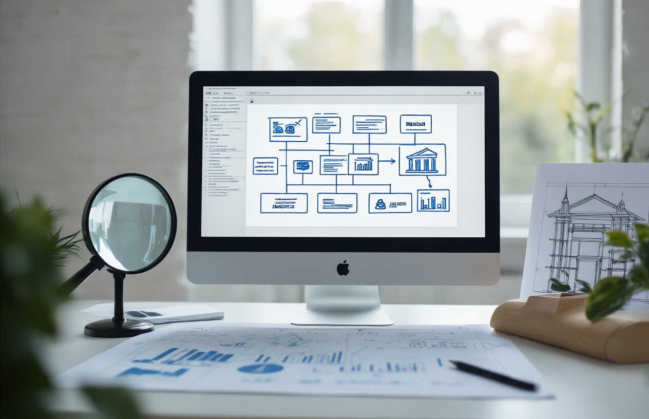 Create a realistic image of a modern digital workspace showing a computer monitor displaying a website wireframe or sitemap diagram with interconnected boxes and arrows representing site architecture, surrounded by SEO-related elements like a magnifying glass, analytics charts, and architectural blueprints on a clean white desk, with soft natural lighting from a window creating a professional atmosphere, absolutely NO text should be in the scene.