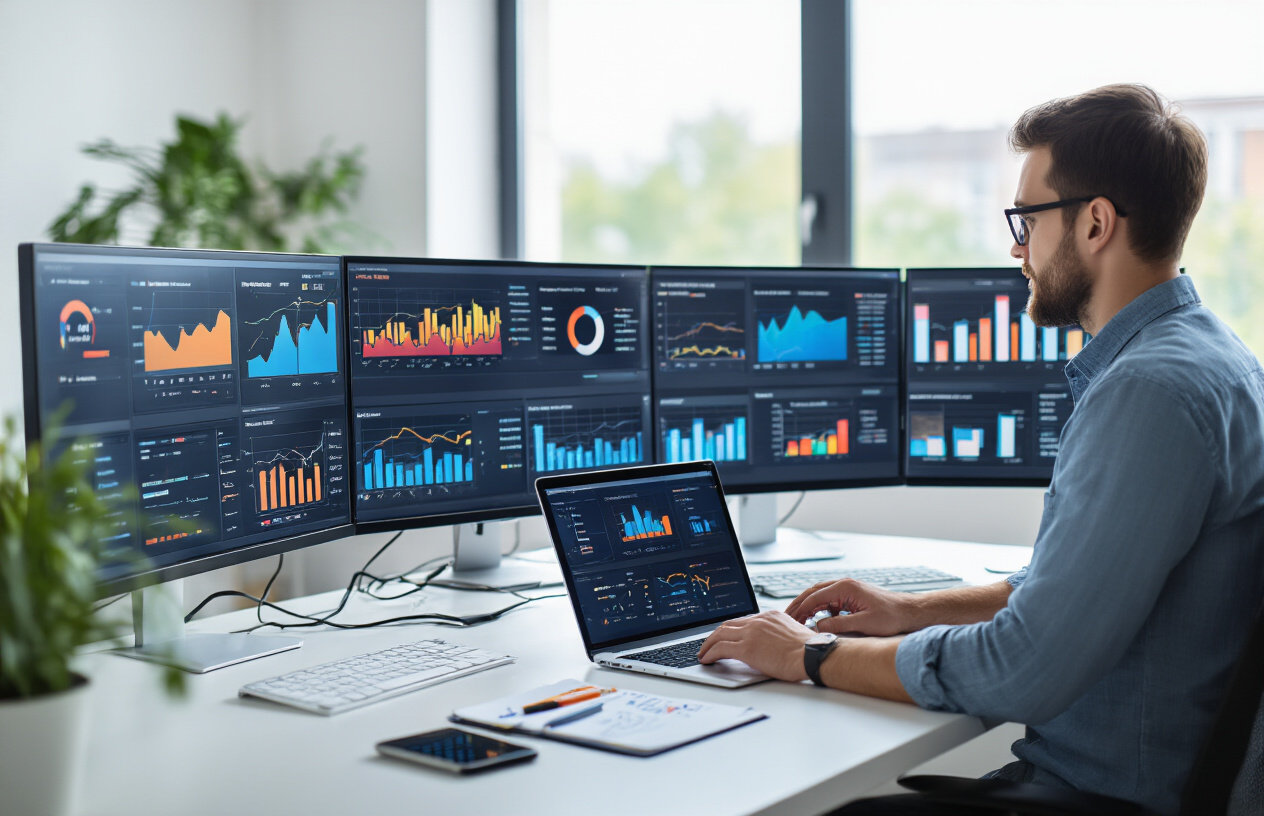 Create a realistic image of a modern digital workspace showing multiple computer monitors displaying colorful analytics dashboards with graphs, charts, and performance metrics, a clean white desk with a laptop, smartphone, and notepad with handwritten notes, surrounded by a bright office environment with natural lighting from a large window, featuring a focused white male data analyst wearing a casual button-down shirt reviewing SEO performance data, with subtle tech elements like cables and a computer mouse visible on the desk, absolutely NO text should be in the scene.