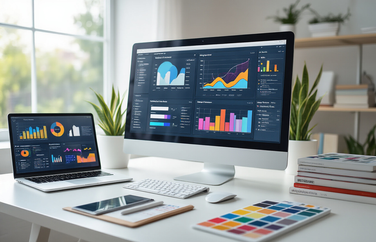 Create a realistic image of a modern digital workspace showing various infographic design tools and resources, featuring a sleek computer monitor displaying colorful design software interface with graph and chart templates, surrounded by design elements like color palettes, typography samples, and data visualization icons, with a tablet showing infographic examples, professional design books stacked nearby, and a clean white desk setup with design accessories like stylus pens and color swatches, in bright natural lighting with a professional studio atmosphere, absolutely NO text should be in the scene.