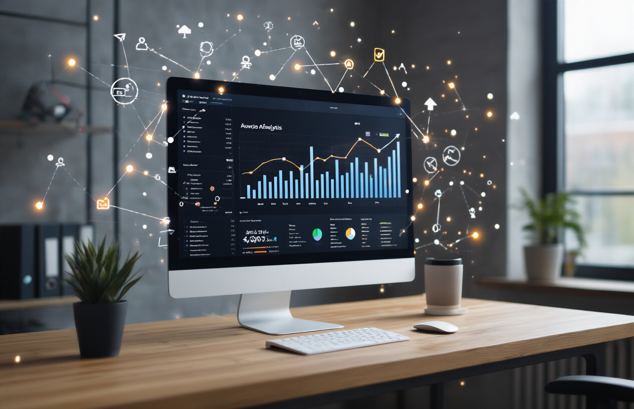 Create a realistic image of a modern digital workspace showing a computer monitor displaying a website analytics dashboard with upward trending graphs and authority metrics, surrounded by interconnected network nodes and link chains floating in the background, professional office setting with clean desk setup, soft natural lighting from a window, emphasizing connectivity and growth through visual elements like arrows pointing upward and glowing connection points, absolutely NO text should be in the scene.