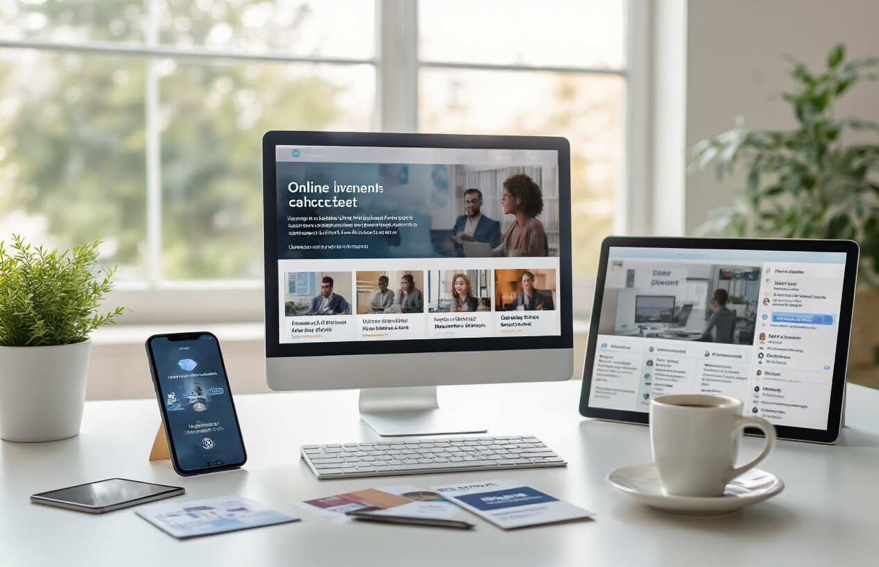 Create a realistic image of a modern digital workspace showing a computer screen displaying an online event platform with webinar thumbnails and event listings, surrounded by promotional materials like smartphone with event notifications, tablet showing virtual conference interface, scattered business cards, and a coffee cup on a clean desk, with soft natural lighting coming from a window, creating a professional and organized atmosphere that conveys successful online event promotion and management, absolutely NO text should be in the scene.