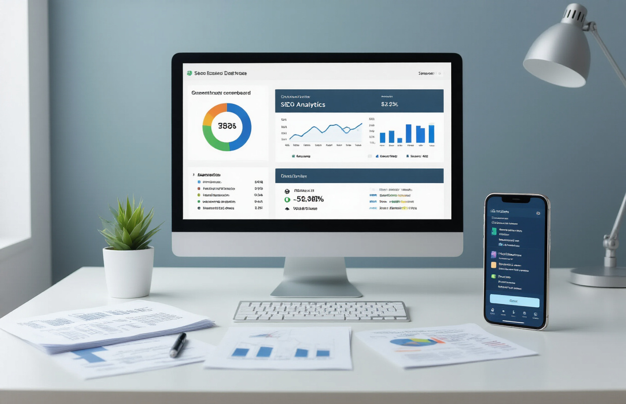 Create a realistic image of a modern digital workspace showing a computer monitor displaying SEO analytics dashboard with colorful graphs and metrics, surrounded by technical documents and coding references scattered on a clean white desk, with a smartphone showing search results nearby, professional office lighting with soft shadows, minimalist background with subtle blue and gray tones, absolutely NO text should be in the scene.