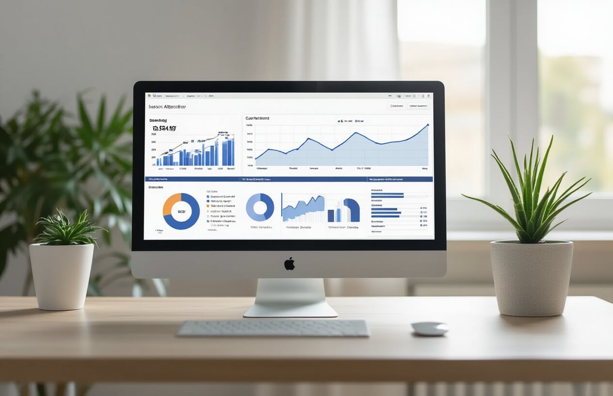 Create a realistic image of a modern digital workspace showing a computer screen displaying website analytics dashboard with performance graphs trending upward, search engine results page with numbered pagination at the bottom, spider web pattern subtly integrated in the background representing web crawling, soft natural lighting from a window, clean minimalist office environment with a potted plant, warm professional atmosphere suggesting successful SEO implementation and improved website performance, absolutely NO text should be in the scene.