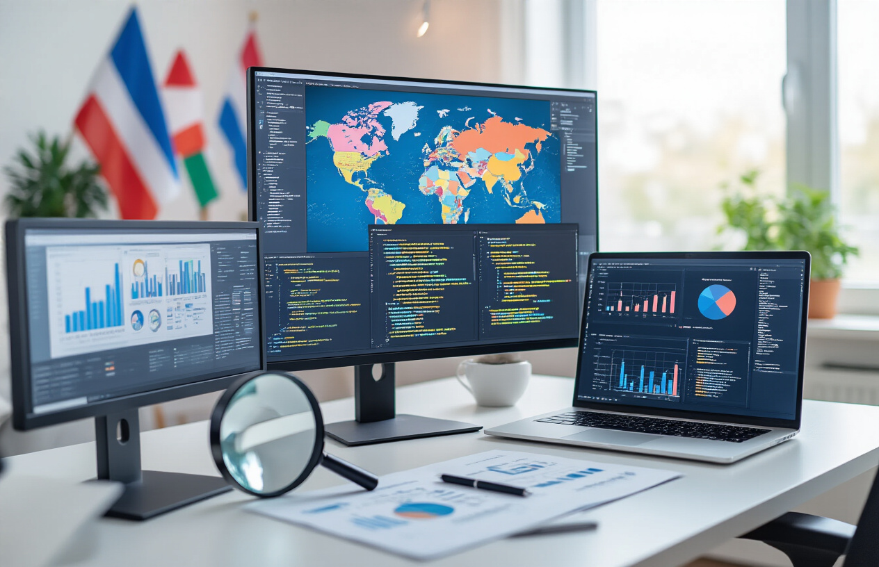 Create a realistic image of a modern digital workspace showing multiple computer monitors displaying colorful world maps with different language scripts, translation software interfaces with keyword lists in various languages, professional translation tools and dictionaries scattered on a clean white desk, a laptop showing analytics charts and graphs, magnifying glass over keyword documents, and subtle international flags in the background, with soft natural lighting from a window creating a productive and professional atmosphere. Absolutely NO text should be in the scene.