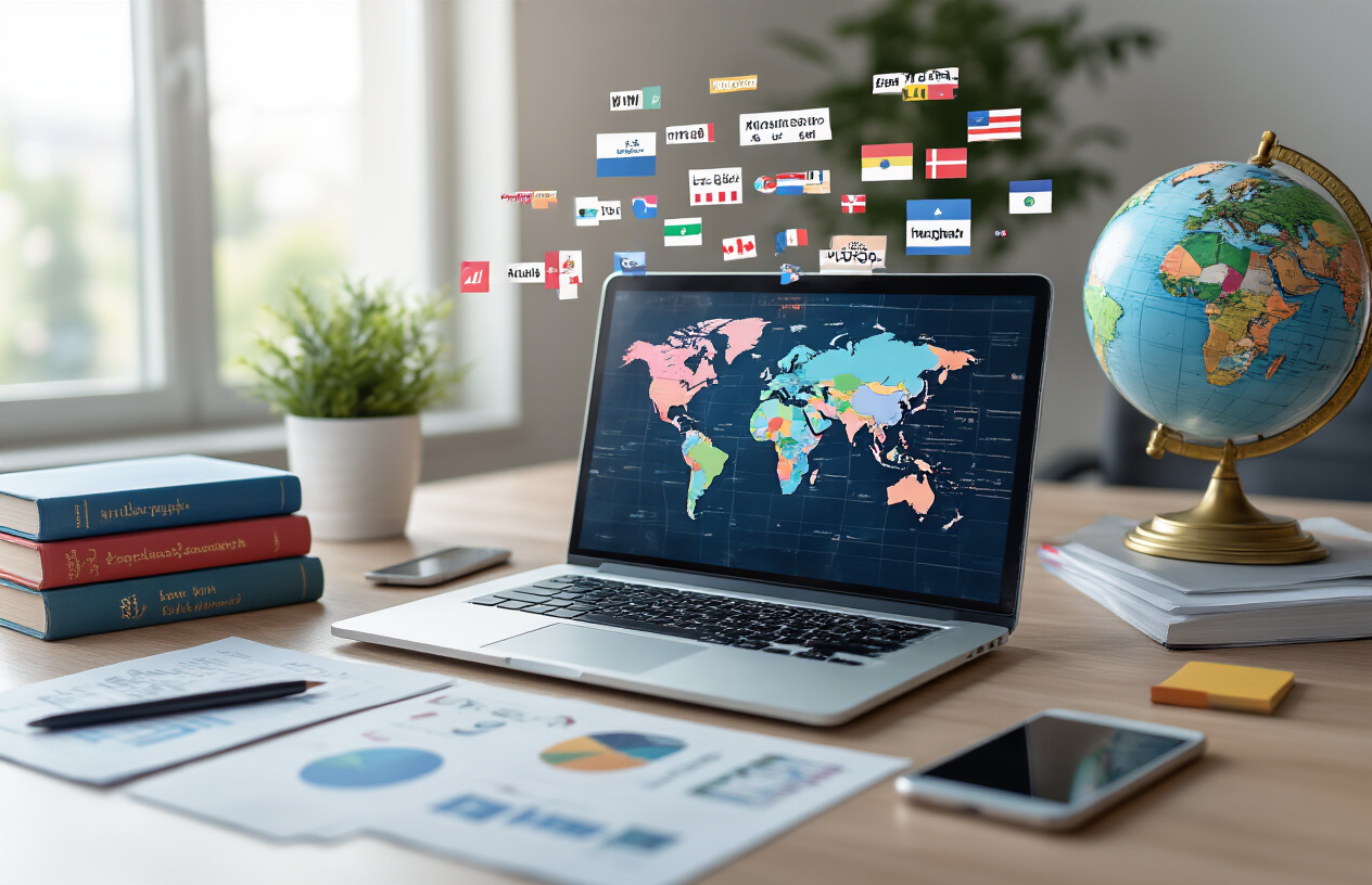 Create a realistic image of a modern digital workspace featuring a sleek laptop computer displaying colorful world map graphics with various language scripts floating above the screen, surrounded by translation dictionaries in different languages, a smartphone showing multilingual search results, and a professional desk setup with a globe, international flags as small desk decorations, and scattered business documents with different alphabets visible, all set against a clean office background with soft natural lighting from a nearby window, conveying a sense of global connectivity and professional translation work. Absolutely NO text should be in the scene.