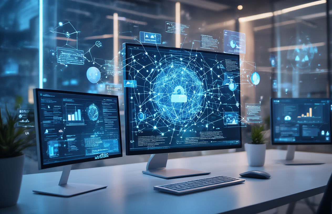 Create a realistic image of a modern digital workspace showing a computer screen displaying interconnected web nodes and semantic relationships, with floating holographic data visualization elements showing keyword connections and search patterns in the air above the desk, a sleek office environment with soft blue lighting, glass surfaces reflecting digital elements, and subtle AI-powered search interface elements visible on multiple monitors, creating a futuristic but professional atmosphere that represents the evolution of search technology, Absolutely NO text should be in the scene.