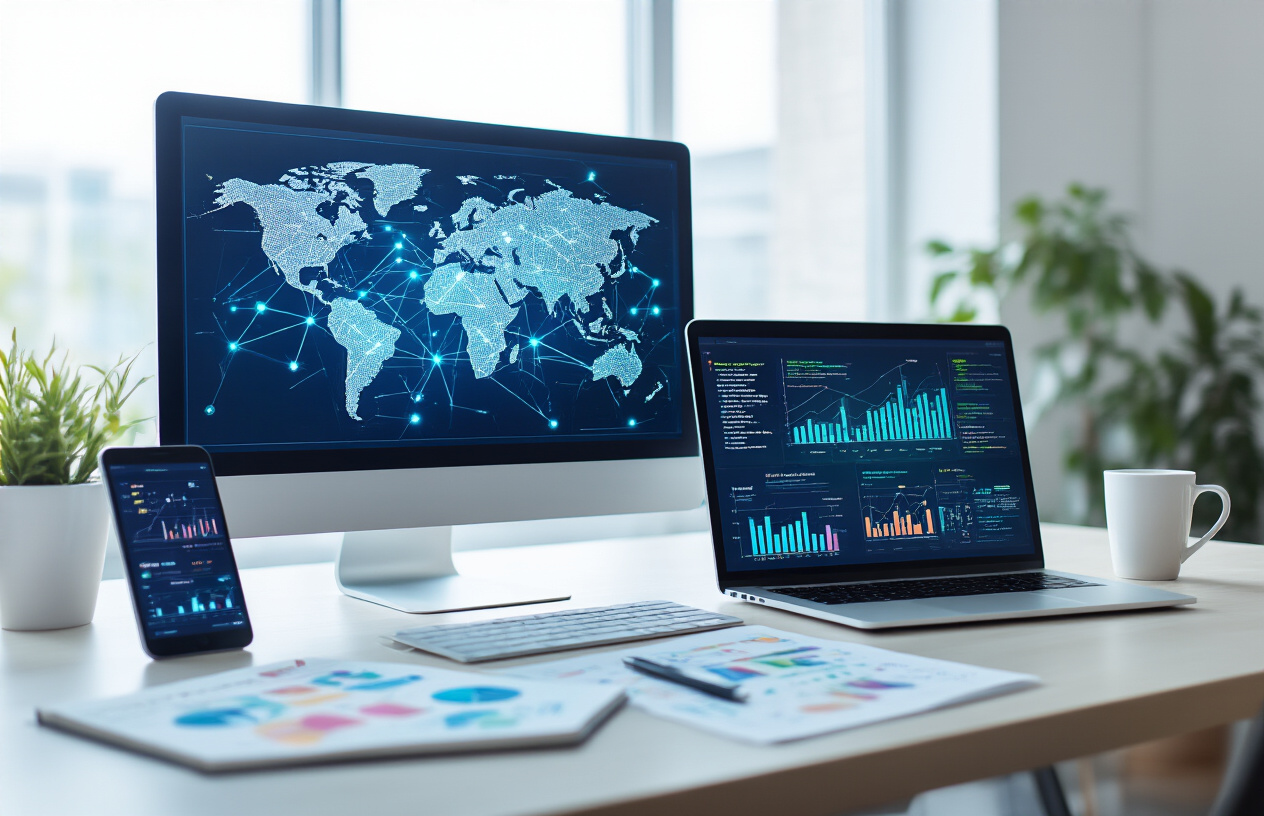 Create a realistic image of a modern digital workspace showing a world map displayed on a large computer monitor with interconnected network nodes and glowing connection lines spanning across different continents, a sleek laptop open beside it displaying colorful data visualizations and keyword relationship diagrams, scattered around the desk are notebooks with hand-drawn mind maps and flowcharts, a smartphone showing analytics graphs, and a coffee cup, the scene is set in a contemporary office environment with clean white walls and large windows allowing natural daylight to illuminate the workspace, the overall mood is professional and tech-focused with soft blue and green glowing elements from the digital displays creating ambient lighting, absolutely NO text should be in the scene.