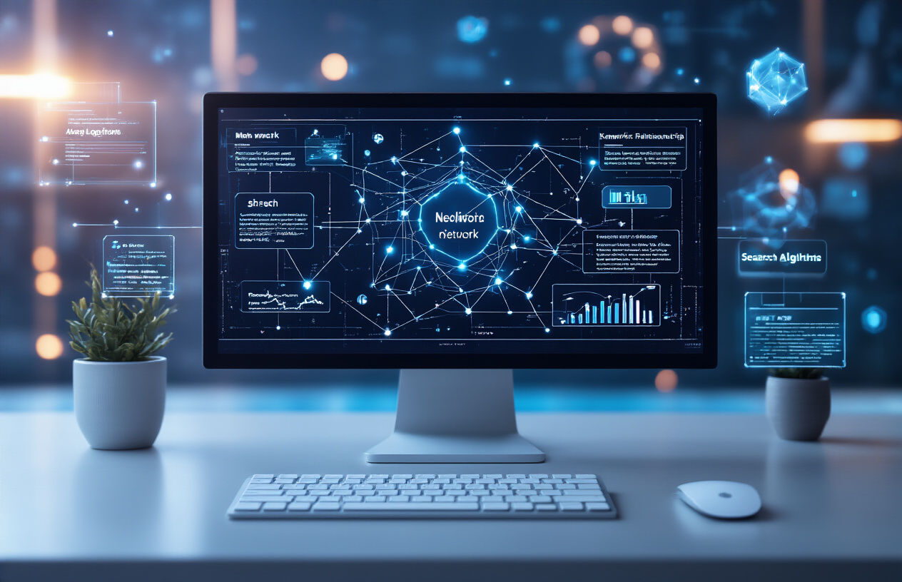 Create a realistic image of a modern digital workspace featuring a sleek computer monitor displaying interconnected network nodes and semantic relationship diagrams with glowing connection lines, surrounded by floating holographic data visualization elements showing keyword clusters and search algorithm patterns, set against a dark tech-inspired background with subtle blue and purple lighting effects, with a clean minimalist desk setup including a wireless keyboard and mouse, conveying an atmosphere of advanced digital optimization and sophisticated data analysis. Absolutely NO text should be in the scene.