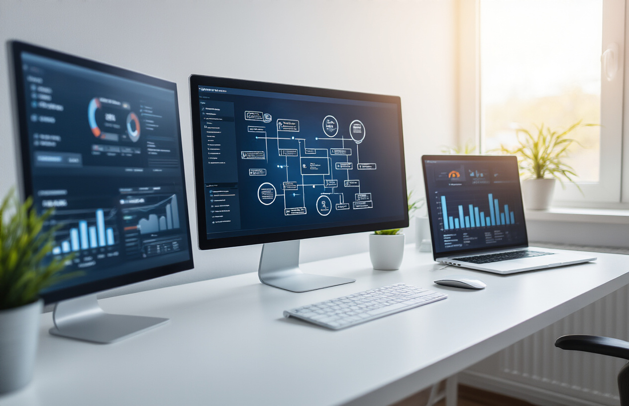 Create a realistic image of a modern digital workspace showing a computer screen displaying a website sitemap with interconnected nodes and pathways representing internal links, surrounded by SEO analytics dashboards, charts showing improved website rankings, and crawlability metrics on a clean white desk, with soft natural lighting from a window creating a professional and successful atmosphere, absolutely NO text should be in the scene.
