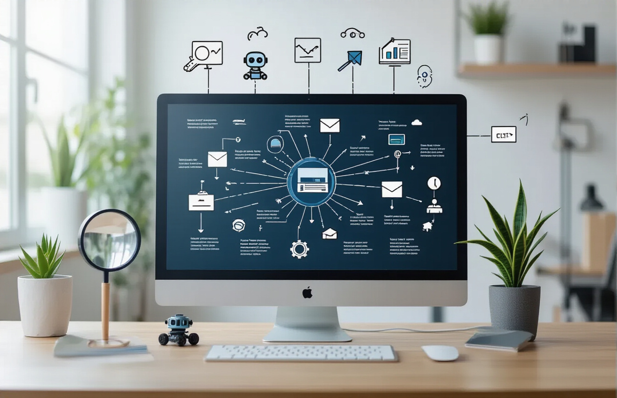 Create a realistic image of a modern digital workspace showing the fundamental concept of website crawlability, featuring a sleek computer monitor displaying a visual representation of a website's architecture with interconnected web pages illustrated as nodes and pathways, surrounded by symbolic elements like magnifying glasses, small robotic crawler icons, and flowchart-style arrows indicating navigation paths, set against a clean minimalist office background with soft natural lighting from a nearby window, conveying a professional and educational atmosphere about technical SEO concepts, absolutely NO text should be in the scene.