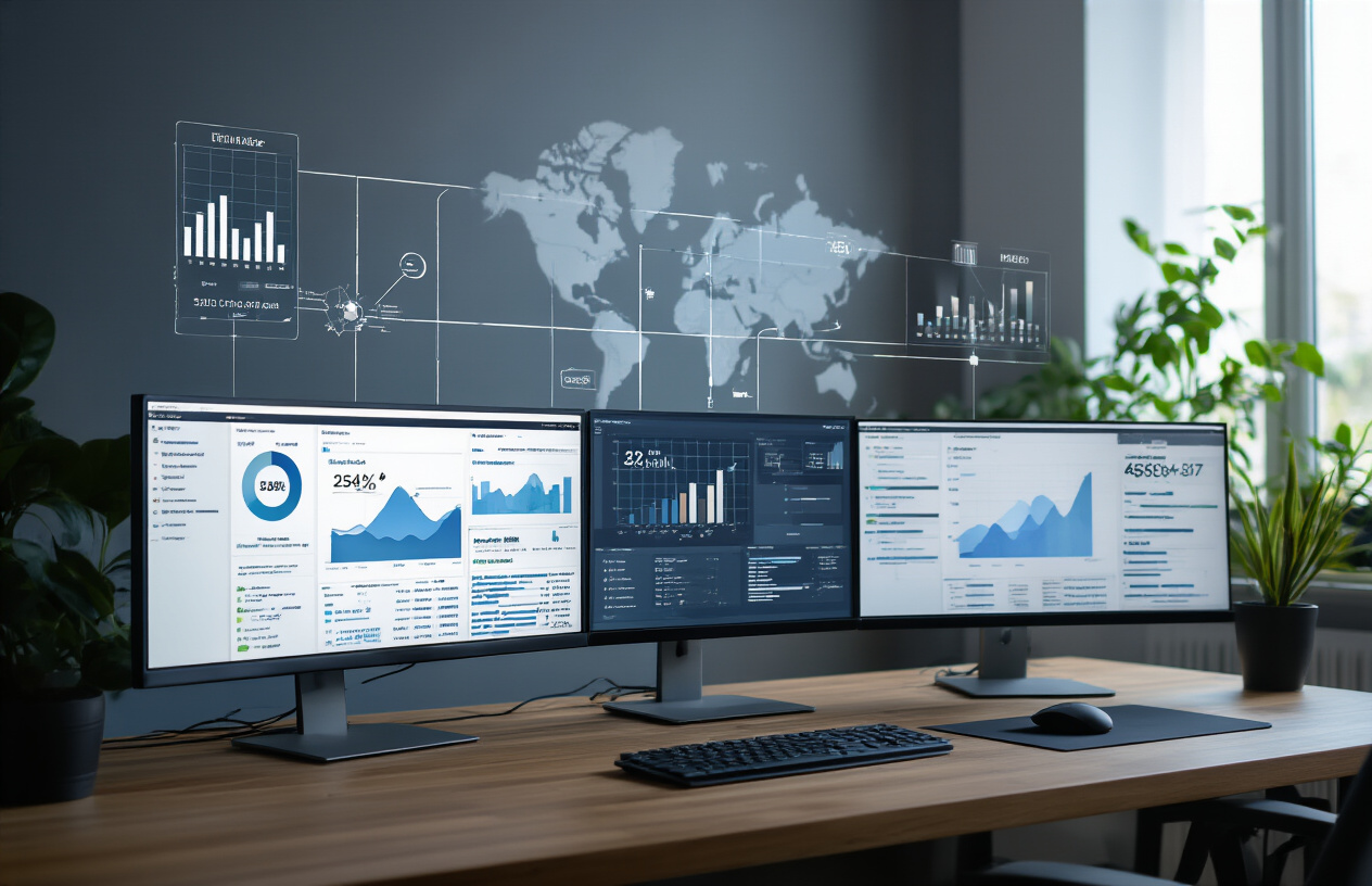 Create a realistic image of a modern digital workspace featuring multiple computer monitors displaying website analytics dashboards and SEO data visualizations, with interconnected network diagrams and flowcharts showing advanced optimization strategies, clean minimalist office environment with soft natural lighting from a window, professional atmosphere conveying technical expertise and data-driven decision making, absolutely NO text should be in the scene.