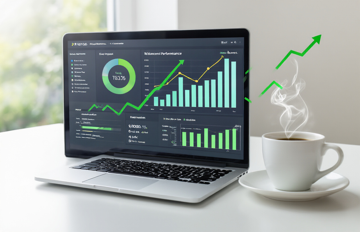 Create a realistic image of a modern laptop computer with SEO analytics dashboard displayed on the screen showing website performance metrics and search rankings, placed on a clean white desk with a steaming coffee cup nearby, subtle green upward trending arrows floating above the laptop screen indicating improved search performance, soft natural lighting from a window creating a professional and successful atmosphere, absolutely NO text should be in the scene.