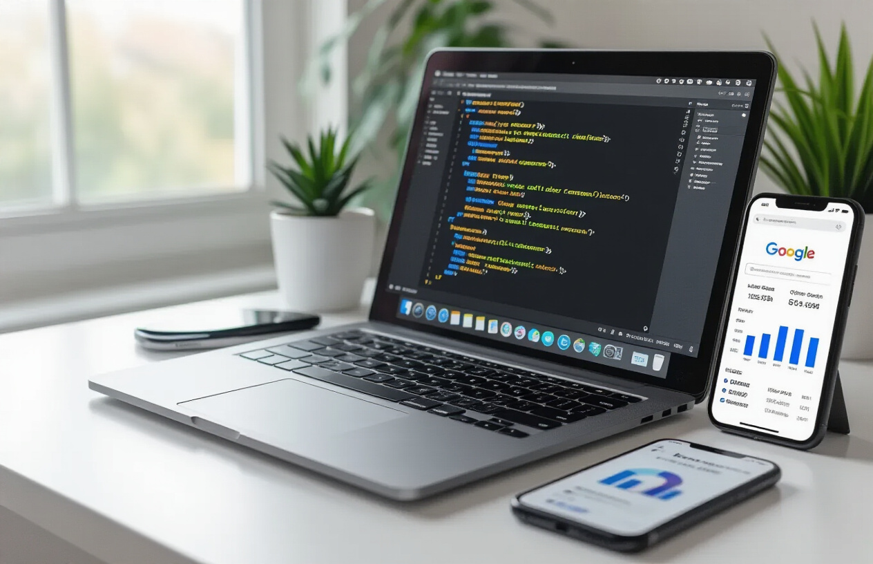 Create a realistic image of a modern laptop computer screen displaying HTML header tag code structure with H1, H2, H3 tags visible in a code editor, surrounded by SEO analysis charts and local business data on a clean white desk, with a smartphone showing Google search results for local businesses nearby, soft natural lighting from a window, professional workspace atmosphere, absolutely NO text should be in the scene.