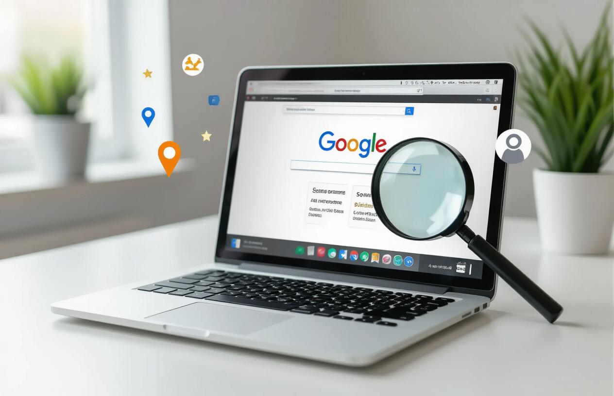 Create a realistic image of a modern laptop computer displaying a Google search results page on the screen, with a magnifying glass positioned nearby highlighting local business listings, surrounded by subtle digital marketing elements like small icons representing location pins, star ratings, and search optimization symbols floating in the background, all set on a clean white desk in a bright, professional office environment with soft natural lighting, absolutely NO text should be in the scene.