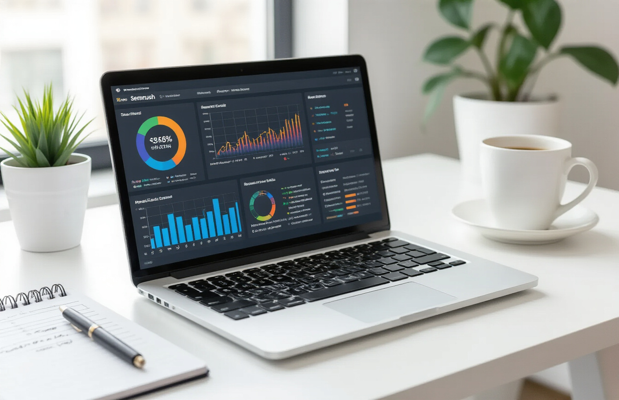 Create a realistic image of a modern laptop computer displaying the Semrush dashboard interface with colorful charts, graphs, and keyword analytics data visible on the screen, positioned on a clean white desk alongside a notepad with handwritten SEO notes, a pen, and a coffee cup, set in a bright professional office environment with natural lighting from a window, showing detailed keyword metrics visualization and data analysis tools. Absolutely NO text should be in the scene.