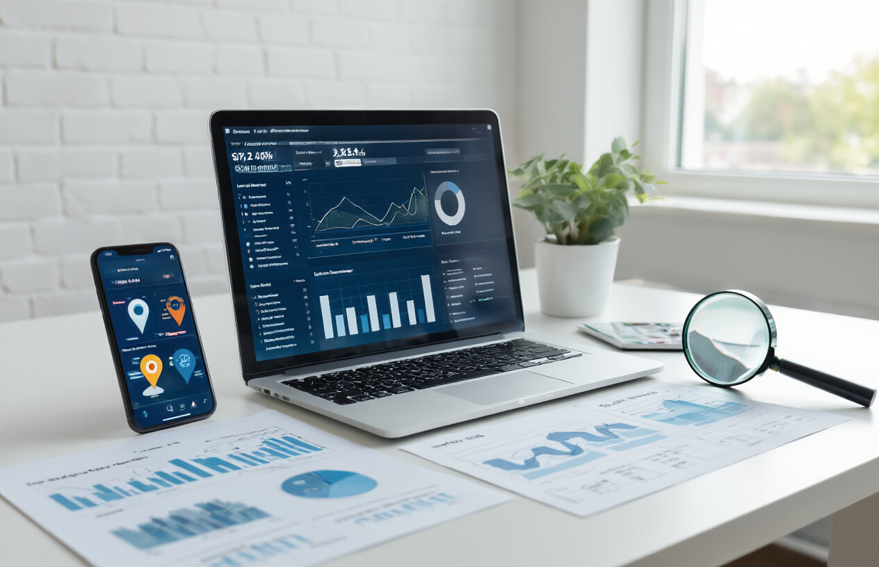 Create a realistic image of a modern laptop computer displaying an analytics dashboard with local search data and SEO metrics on the screen, surrounded by digital marketing tools including a smartphone showing location pins on a map, printed charts with graphs and optimization data, and a magnifying glass focusing on location-based search results, all arranged on a clean white desk in a bright, professional office environment with soft natural lighting from a window, absolutely NO text should be in the scene.