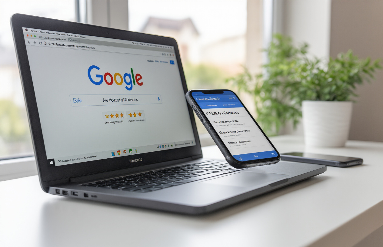 Create a realistic image of a modern laptop computer displaying Google My Business dashboard interface on the screen, positioned on a clean white desk next to a smartphone showing local search results with star ratings and business listings, with soft natural lighting coming from a window in the background creating a professional workspace atmosphere, and a small potted plant visible in the corner, absolutely NO text should be in the scene.