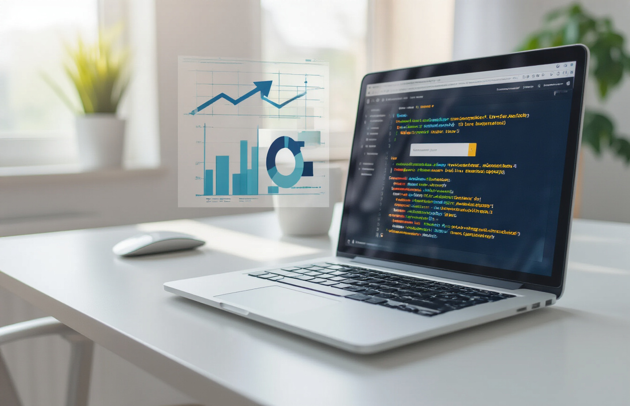 Create a realistic image of a modern laptop computer displaying a search engine results page with highlighted title tags in the HTML code on the screen, positioned on a clean white desk with a computer mouse nearby, featuring a bright office environment with natural lighting from a window, showing the connection between SEO optimization and search performance through visual elements like upward trending arrows or graphs subtly integrated into the background, absolutely NO text should be in the scene.