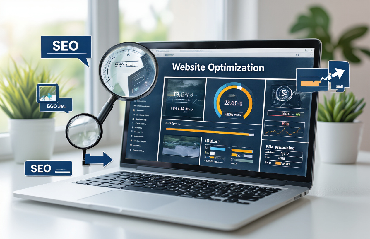 Create a realistic image of a modern laptop computer displaying a website optimization interface with multiple image thumbnails being processed, showing loading speed indicators and file size compression bars, surrounded by SEO-related visual elements like magnifying glasses, speed meter gauges, and ranking arrows pointing upward, set on a clean white desk with soft natural lighting from a window, creating a professional digital marketing workspace atmosphere, absolutely NO text should be in the scene.