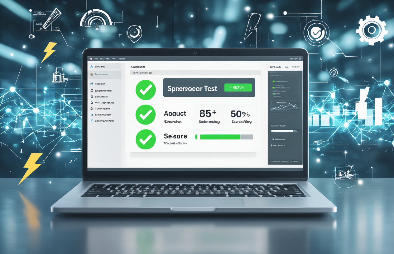 Create a realistic image of a modern laptop computer displaying a website speed test interface with green checkmarks and fast loading indicators, surrounded by performance optimization icons like lightning bolts and speed gauges, with a sleek digital background featuring abstract network connections and data flow visualizations, conveying efficiency and rapid digital performance in a clean, professional tech environment with bright, energetic lighting, absolutely NO text should be in the scene.